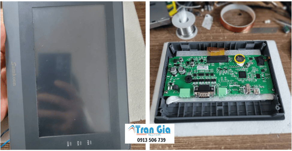 Hình ảnh sửa màn hình HMI đang trong quá trình sửa chữa tại Trần Gia Automation